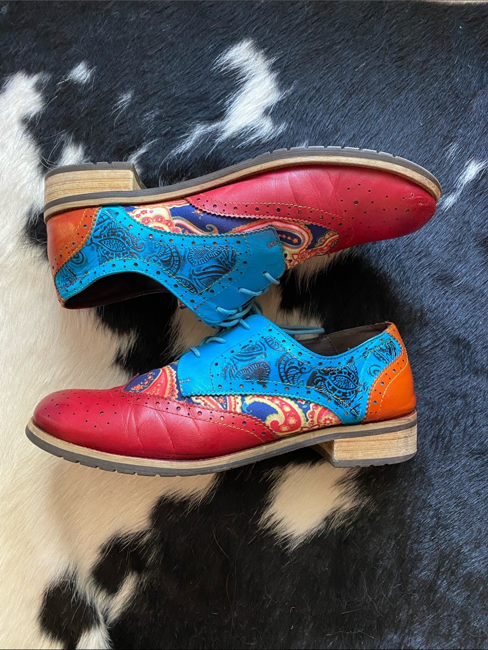 Paisley Leather Brogue Oxfords - Boho Artisan Wingtip - Women's Sz 11 US 42 EU - Picture 4 of 15